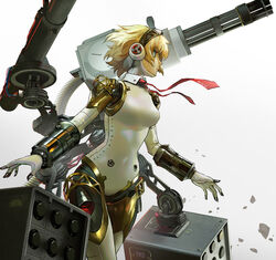  aegis_(persona) android blonde_hair blue_eyes breasts chain_gun duplicate english_commentary female floating_hair gradient_background hairband highres joints looking_ahead mecha_musume medium_breasts missile_pod necktie open_hands persona persona_3 pixel-perfect_duplicate qosic red_necktie robot robot_joints short_hair solo 