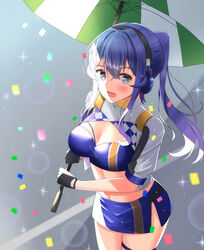  bandeau black_gloves blue_bandeau blue_eyes blue_hair blue_skirt blue_tube_top breasts cleavage commentary_request confetti cowboy_shot crop_top cropped_jacket female gloves gotland_(fuji_speedway_race_queen_mode)_(kancolle) gotland_(kancolle) half_gloves headphones headset jacket kantai_collection long_hair looking_at_viewer medium_breasts microphone midriff miniskirt mole mole_under_eye official_alternate_costume ponytail race_queen shrug_(clothing) skirt solo strapless toyomi_13 tube_top umbrella white_jacket 