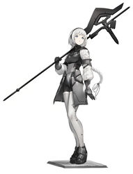  armor braid braided_ponytail commentary_request faulds female full_body grey_eyes hairband halberd high_heels highres km_yama long_hair original over_shoulder platform_footwear polearm solo thighhighs weapon weapon_over_shoulder white_background white_hair 