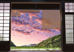  absurdres architecture cloud commentary_request door east_asian_architecture evening forest grass hankachi_(okayama012) highres hill landscape nature no_humans open_door original plant scenery sky summer sunset tree wooden_floor 