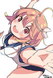  ahoge blue_sailor_collar blush breasts female hair_ornament i-58_(kancolle) kantai_collection laco_soregashi one-hour_drawing_challenge one-piece_swimsuit open_mouth pink_hair red_eyes sailor_collar school_swimsuit short_hair short_sleeves simple_background solo swimsuit swimsuit_under_clothes twitter_username white_background 