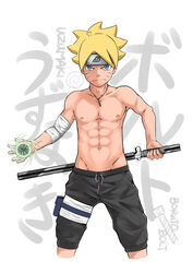  1boy abs absurdres bandaged_arm bandages blonde_hair blue_eyes boruto:_naruto_next_generations commentary facial_mark fantasy forehead_protector groin headband highres holding holding_sword holding_weapon jewelry looking_at_viewer magic male_focus muscular muscular_child muscular_male naruto_(series) navel necklace pants pectorals rasengan sheath sheathed short_hair simple_background solo spiked_hair standing sword topless_male translated unsheathing uzumaki_boruto wachishota weapon whisker_markings white_background 