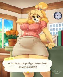  2023 accessory animal_crossing anthro bell belly big_breasts blonde_hair blush bottomwear breasts canid canine canis clothed clothing desk detailed_background dialogue digital_media_(artwork) dipstick_tail domestic_dog dress_shirt english_text female flower flower_pot fur furniture hair hair_accessory hair_tie header_box hi_res inside isabelle_(animal_crossing) looking_at_belly looking_at_self mammal markings nintendo office plant potbelly shih_tzu shirt signature skirt slightly_chubby slightly_chubby_anthro slightly_chubby_female solo standing table tail tail_markings text text_box thick_thighs tiggybloom topwear toy_dog weight_conscious weight_gain wide_hips yellow_body yellow_fur 