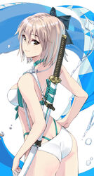  aqua_bikini ass back bare_shoulders bikini black_bow blonde_hair blush bow breasts brown_eyes closed_mouth commentary_request fate/grand_order fate_(series) female hairbow half_updo haori highleg japanese_clothes katana layered_bikini looking_at_viewer looking_back medium_breasts multi-strapped_bikini okita_j._souji_(fate) okita_j._souji_(third_ascension)_(fate) okita_souji_(fate) sheath short_hair smile swimsuit sword thighs weapon white_bikini yahako 