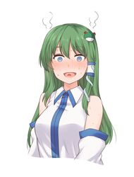  :d bare_shoulders blue_eyes blush breasts cherry_stem_knot commentary constricted_pupils detached_sleeves female frog_hair_ornament green_hair hair_between_eyes hair_ornament hair_tubes highres kochiya_sanae looking_at_viewer miyo_(ranthath) nervous_sweating simple_background smile snake_hair_ornament solo steam surprised sweat touhou upper_body white_background 