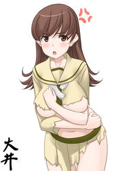  anger_vein blush breasts brown_eyes brown_hair character_name commentary_request cowboy_shot female highres kantai_collection long_hair long_sleeves looking_at_viewer medium_breasts navel neckerchief ooi_(kancolle) ooi_kai_ni_(kancolle) open_mouth pleated_skirt sailor_collar school_uniform serafuku shirt simple_background skirt solo standing t2r torn_clothes torn_ribbon torn_shirt torn_skirt torn_sleeves white_background white_neckerchief 