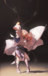  :d absurdres ahoge apple arknights arm_up banner belt commentary_request crop_top female food fruit full_body green_eyes highres holding holding_food holding_fruit jacket kneehighs light_particles long_hair long_sleeves looking_at_viewer loong_(loong_blo) medium_skirt midriff myrtle_(arknights) navel open_clothes open_jacket open_mouth pointy_ears purple_skirt purple_socks red_hair shirt shoes side_slit skirt sleeves_past_fingers sleeves_past_wrists smile sneakers socks solo standard_bearer standing tank_top very_long_hair white_footwear white_jacket white_shirt 