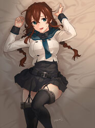  bed belt black_sailor_collar black_shirt black_skirt braid brown_hair commentary_request dress_shirt feet_out_of_frame female fugu_custom garter_straps green_eyes highres kantai_collection long_sleeves looking_at_viewer lying noshiro_(kancolle) noshiro_kai_ni_(kancolle) pleated_skirt sailor_collar sailor_shirt school_uniform serafuku shirt skirt solo swept_bangs thighhighs twin_braids twitter_username undershirt 