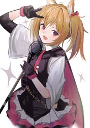  :d animal_ear_fluff animal_ears arknights arm_up azuazu_0405 bad_id bad_twitter_id black_cape black_gloves black_vest blonde_hair cape cowboy_shot female gloves highres holding holding_microphone layered_skirt looking_at_viewer microphone oerba_yun_fang open_mouth pink_skirt red_eyes shirt short_hair short_sleeves short_twintails simple_background skirt smile solo sora_(arknights) sparkle twintails two-tone_skirt v vest white_background white_shirt white_skirt wolf_ears 