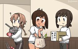  3girls ? alternate_costume amazon_(company) bag black_eyes black_hair black_headband black_pants braid brand_name_imitation brown_eyes brown_hair chou-10cm-hou-chan_(teruzuki&#039;s) commentary_request cowboy_shot dated fubuki_(kancolle) grey_eyes groceries hachimaki hair_ornament hairclip hallway hamu_koutarou headband highres i-401_(kancolle) kantai_collection light_brown_hair long_hair low_ponytail multiple_girls one-hour_drawing_challenge pants ponytail propeller_hair_ornament shopping_bag short_ponytail sidelocks spring_onion sweater swimsuit swimsuit_under_clothes teruzuki_(kancolle) track_pants translation_request twin_braids white_sweater 