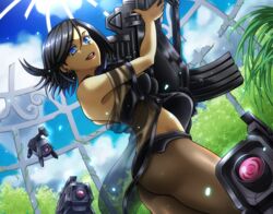  ass black_hair black_pantyhose blue_eyes blue_sky dark-skinned_female dark_skin day dinergate_(girls&#039;_frontline) earrings female girls&#039;_frontline gun holding holding_gun holding_weapon intruder_(girls&#039;_frontline) jewelry looking_at_viewer looking_back non-humanoid_robot open_mouth ouga_(user_ctzw2237) pantyhose parted_lips robot sangvis_ferri short_hair sky smile solo teeth upper_teeth_only weapon 