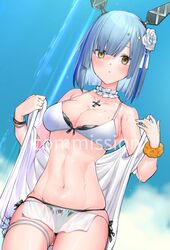  abs asymmetrical_bangs azur_lane bead_bracelet beads bikini bikini_skirt black_bikini blue_hair blue_sky blush bracelet breasts cleavage cloud cloudy_sky collar commentary commission cowboy_shot cross cross_necklace day detached_collar english_text female flower frilled_collar frills gascogne_(azur_lane) gascogne_(tropical_environs_acclimation_service_equipment)_(azur_lane) groin hair_between_eyes hair_flower hair_ornament headpiece jewelry light_blue_hair looking_at_viewer medium_breasts midriff multicolored_hair navel necklace official_alternate_costume outdoors parted_bangs scrunchie see-through shawl short_hair side-tie_bikini_bottom skindentation sky solo straight_hair streaked_hair swimsuit thighs toned two-tone_hair uhhgaoh watermark wet white_bikini wrist_scrunchie wristband yellow_eyes 