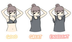  armpits arms_up bra brown_hair commentary english_text female hair_bun juukyuu multiple_views original shirt single_hair_bun sleeveless solid_circle_eyes t-shirt underwear upper_body white_background 