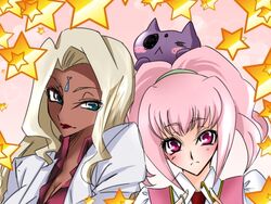  2girls anya_alstreim blonde_hair blush bonne_chance code_geass dark-skinned_female dark_skin dark_skinned_female feline female green_eyes hairband labcoat lakshata_chawla lipstick long_hair lowres makeup multiple_girls pink_eyes pink_hair rakshata_chawla short_hair 