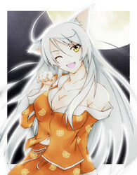  :3 ahoge animal_ears bakemonogatari black_hanekawa breasts cat_ears cleavage cofi_(eternal) commentary_request female full_moon hanekawa_tsubasa large_breasts long_hair monogatari_(series) moon navel nekomonogatari night oerba_yun_fang off_shoulder one_eye_closed orange_pajamas pajamas paw_pose slit_pupils solo star_(symbol) white_hair yellow_eyes 