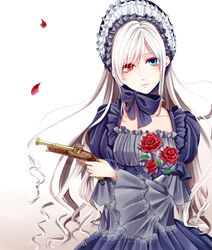  antique_firearm blue_eyes bow caplock commentary_request dress female firelock flower frilled_dress frills gothic_lolita gun handgun heterochromia honata lolita_fashion long_hair maid_headdress original petals photoshop_(medium) puffy_sleeves red_eyes rose rose_petals solo weapon white_hair 