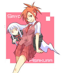  2girls aisaka_sayo asakura_kazumi brown_eyes character_name commentary english_commentary hair_ornament hairclip looking_at_viewer mahora_academy_middle_school_uniform mahou_sensei_negima! md5_mismatch multiple_girls necktie orange_hair plaid plaid_skirt pleated_skirt red_eyes red_hair resolution_mismatch school_uniform serafuku sidelocks skirt source_smaller wawaway white_hair 