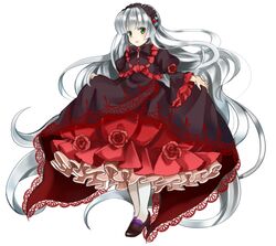  absurdly_long_hair bad_id bad_pixiv_id blunt_bangs chin_strap dress female flower frills full_body gosick gosick_red green_eyes grey_hair hairband high_heels lolita_fashion long_hair looking_at_viewer open_mouth pantyhose ribbon simple_background solo standing tooda_riko very_long_hair victorica_de_blois white_background white_pantyhose 