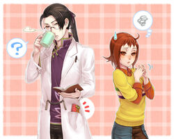  1boy ? akari_(bokujou_monogatari) black_hair bokujou_monogatari bokujou_monogatari:_waku_waku_animal_march bokujou_monogatari:_yasuragi_no_ki book brown_eyes brown_hair chinese_clothes commentary_request couple doctor drinking female glasses hal_(sakurajam) pen plaid ponytail speech_bubble squiggle steepled_fingers straight sweatdrop sweater tangzhuang tea thought_bubble won_(bokujou_monogatari) 