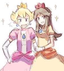  1boy :d ^^^ alternate_costume barry_(pokemon) blonde_hair blue_eyes brown_eyes brown_hair commentary commentary_request cosplay crossdressing crown dress earrings elbow_gloves female flipped_hair gloves green_(pokemon) hand_on_own_hip happy jewelry long_hair mario_(series) open_mouth pink_dress pokemon pokemon_adventures princess_daisy princess_daisy_(cosplay) princess_peach princess_peach_(cosplay) smile sparkle sphere_earrings weee_(raemz) 