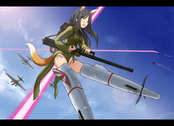  absurdres aerial_battle aircraft airplane animal_ears backpack bag battle commentary_request female fox_ears fox_girl fox_tail glasses gun highres hu_sea ki-49_donryuu lens_flare letterboxed machine_gun military military_uniform navel neuroi panties photoshop_(medium) side-tie_panties solo strike_witches:_kurenai_no_majo-tachi striker_unit suwa_amaki tail underwear uniform weapon white_panties world_witches_series 