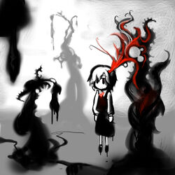  bad_id bad_pixiv_id commentary_request dripping female hair_ribbon monochrome ribbon rumia shadow solo touhou tren 