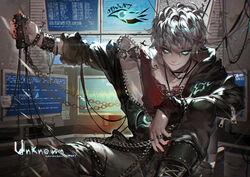  1boy aqua_eyes chains commentary_request computer glowing glowing_eyes jewelry kawacy male_focus monitor multiple_monitors ring solo susanghan_messenger tattoo thumb_ring unknown_(susanghan_messenger) white_hair 