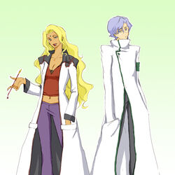  1boy asaeto blonde_hair blue_eyes code_geass dark-skinned_female dark_skin dark_skinned_female female female glasses green_eyes labcoat lakshata_chawla lipstick lloyd_asplund long_hair makeup male pants pipe purple_hair rakshata_chawla short_hair 