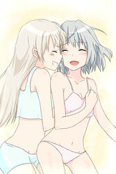  2girls blonde_hair blush breasts closed_eyes commentary_request couple eila_ilmatar_juutilainen grabbing grabbing_another&#039;s_breast grey_hair lingerie long_hair michigan multiple_girls sanya_v._litvyak short_hair small_breasts smile strike_witches underwear world_witches_series yuri 