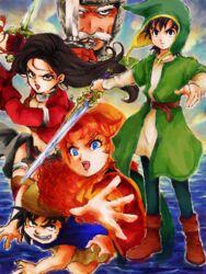  aira_(dq7) bad_id bad_pixiv_id blue_eyes breasts cleavage curly_hair dragon_quest dragon_quest_vii dress gabo hat hero_(dq7) hood long_hair looking_at_viewer maribel_(dq7) multiple_boys multiple_girls porusan red_hair sir_mervyn 