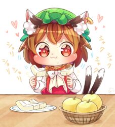  +_+ :3 animal_ear_piercing animal_ears brown_hair cat_ears chen chibi commentary_request eating female food fruit fruit_basket hat highres ibaraki_natou jewelry mob_cap nashi_pear pear ring solo touhou 