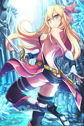  armor armored_boots ass bad_id bad_pixiv_id bare_back belt black_thighhighs blonde_hair blue_eyes boots breasts butt_crack female fingerless_gloves gloves hairband highres long_hair looking_at_viewer looking_back loup medium_breasts no_bra no_panties original sideboob smile solo sword thigh_strap thighhighs weapon 