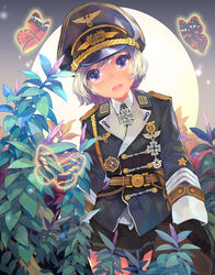  aiguillette bad_id bad_pixiv_id belt bug butterfly female gloves hat highres military military_uniform nazi original peaked_cap photoshop_(medium) purple_eyes serenade_(sinohi) short_hair silver_hair solo swastika tears uniform 