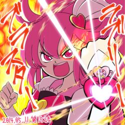  aino_megumi bow brooch clenched_hand commentary_request cure_lovely female fire flaming_eye happinesscharge_precure! heart heart_brooch jewelry pink_bow pink_eyes pink_hair ponytail precure solo watch wristwatch yoshimune 