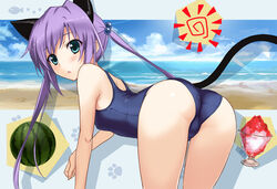  animal_ears ass bent_over blue_eyes cat_ears cat_tail commentary_request female food fruit highres long_hair one-piece_swimsuit original photoshop_(medium) purple_hair school_swimsuit shaved_ice shibayuki solo swimsuit tail trefoil twintails watermelon 