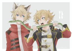  2boys animal animal_ears bandages blonde_hair blue_background blue_eyes coat commentary_request erune feather_(granblue_fantasy) fork granblue_fantasy gucha_(netsu) knife looking_at_another male_focus mouth_hold multiple_boys open_clothes open_coat open_mouth short_hair simple_background snake stan_(granblue_fantasy) upper_body 