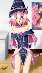  blush breasts cleavage cosplay gray_eyes grey_eyes hat magi_magi_magician_gal_(cosplay) no_bra no_panties pink_hair short_hair tag_force tasha tsan_dire wand yu-gi-oh! 