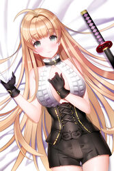  aile_(crossroads) bare_shoulders belt black_shorts blonde_hair blush breasts choker choker_over_clothes commentary_request corset cosplay female frills gloves green_eyes helena_k_sink large_breasts long_hair looking_at_viewer lying on_back photoshop_(medium) shorts sita_vilosa sita_vilosa_(cosplay) smile solo sword sword_girls very_long_hair weapon 