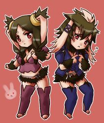  1boy :&lt; animal_ears armor braid breasts brown_hair chibi cleavage commentary_request female fire_emblem fire_emblem_awakening flying_sweatdrops hair_around_ear medium_breasts mizukurage_(mamenyan) mother_and_son panne_(fire_emblem) rabbit_ears red_eyes twin_braids yarne_(fire_emblem) 