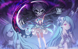  benya_(tales_weaver) blue_hair breasts caesty commentary_request death_(entity) female flower hair_flower hair_ornament long_hair photoshop_(medium) red_eyes scythe small_breasts solo tales_weaver wind wind_lift 