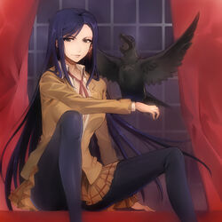  bird black_hair breasts brown_eyes commentary_request crow female kurihara_mari_(prison_school) light_smile long_hair looking_at_viewer medium_breasts miyo_(13th_floor) pantyhose photoshop_(medium) prison_school school_uniform solo very_long_hair 