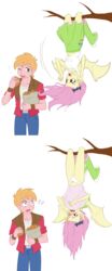  2015 animal_humanoid apple bat_wings big_macintosh_(eg) blonde_hair blush bottomwear centinel303 clothed clothing dangling digital_media_(artwork) duo embarrassed equestria_girls female flutterbat_(mlp) fluttershy_(eg) fluttershy_(mlp) food freckles friendship_is_magic fruit green_eyes hair hanging_by_legs hasbro hi_res humanoid in_tree membrane_(anatomy) membranous_wings my_little_pony panties plant pupils question_mark raised_bottomwear raised_clothing raised_skirt red_eyes semi-anthro simple_background skirt slit_pupils tree underwear upside-down vampire wardrobe_malfunction white_background wide_eyed wings 