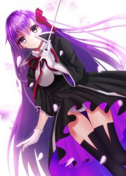  amasajithira bb_(fate) bb_(fate/extra) black_dress black_footwear boots cherry_blossoms commentary_request dress dutch_angle fate/extra fate/extra_ccc fate_(series) female floating_hair gloves hair_between_eyes hair_ribbon highres holding long_hair looking_at_viewer neck_ribbon panties purple_eyes purple_hair red_ribbon ribbon short_dress smile solo standing thigh_boots thighhighs underwear very_long_hair white_gloves white_panties 