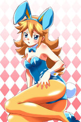  animal_ears ass blue_eyes bow bowtie brown_hair commentary_request detached_collar female flipped_hair freckles hikari_(mitsu_honey) long_hair monsuno pantyhose playboy_bunny rabbit_ears rabbit_tail tail vicky_(monsuno) wrist_cuffs 