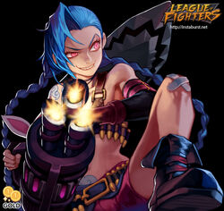  2gold belt black_background blue_hair boots braid commentary english_commentary female fingerless_gloves gloves grin holding holding_weapon jinx_(league_of_legends) league_of_legends long_hair midriff pink_eyes rocket_launcher shorts smile smirk solo tattoo twin_braids weapon 