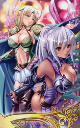  2girls absurdres arm_behind_back armor ass bare_shoulders belt black_legwear blonde_hair blue_eyes blurry blush bodysuit boots bow breastplate breasts bridal_gauntlets cape center_opening circlet cleavage collar collarbone dagger dark-skinned_female dark_elf dark_skin depth_of_field elf elysia_(kyonyuu_fantasy) fantasy faulds frills from_side garter_straps gem gradient grey_hair hair_between_eyes hair_tubes hairbow halterneck head_tilt high_collar high_ponytail highres holding holding_weapon knife kyonyuu_fantasy kyonyuu_fantasy_2 large_breasts leaf leotard light_particles long_hair long_pointy_ears looking_at_viewer midriff miniskirt multiple_girls navel official_art outstretched_arm parted_bangs pauldrons petals photoshop_(medium) pleated_skirt pointy_ears ponytail q-gaku red_eyes scan sheath shiny_clothes shoulder_armor sidelocks skirt smile sparkle standing thigh_boots thighhighs thong_leotard turtleneck vambraces very_long_hair weapon white_skirt zebia_(kyonyuu_fantasy) zettai_ryouiki 