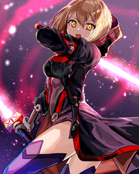  artoria_pendragon_(fate) blonde_hair commentary_request dual_wielding fate/grand_order fate_(series) female hair_between_eyes highres holding holding_sword holding_weapon hood kyota07 looking_at_viewer mysterious_heroine_x_alter_(fate) mysterious_heroine_x_alter_(third_ascension)_(fate) open_mouth orange_eyes purple_thighhighs short_hair solo sword thighhighs weapon 