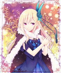  benya_(tales_weaver) blonde_hair blue_dress butterfly_hair_ornament cape commentary_request dress female framed hair_ornament long_hair own_hands_together pink_eyes smile solo tales_weaver very_long_hair yuya_(night_lily) 