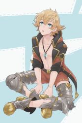  1boy armor blonde_hair blue_background blue_eyes boots commentary_request feather_(granblue_fantasy) flipped_hair full_body granblue_fantasy gucha_(netsu) indian_style jacket jewelry looking_up male_focus navel necklace open_clothes open_jacket shorts sitting solo sweat topless_male 