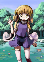  blonde_hair female gatau glowing glowing_eyes hat looking_at_viewer moriya_suwako no_nose open_mouth pyonta short_hair smile solo thighhighs touhou unworn_hat unworn_headwear waving yellow_eyes zettai_ryouiki 